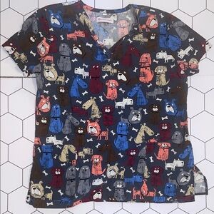 White Cross Dog Print Scrub Top